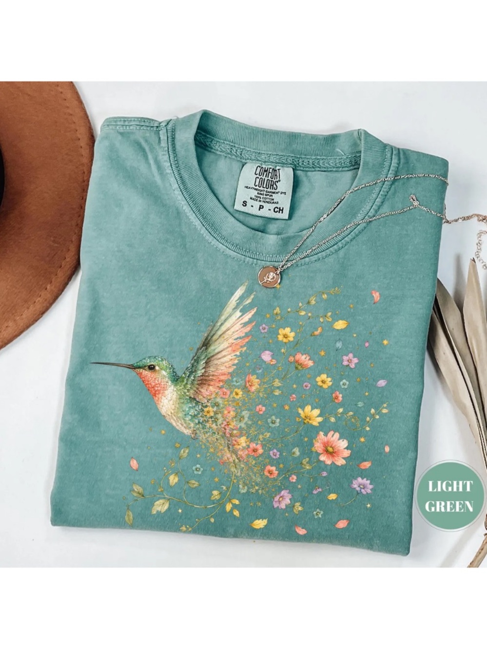 Comfort Colors Moss Hummingbird Floral Short Sleeve Tee